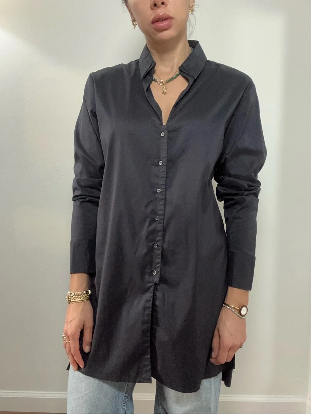 Hugo Boss Black Long Sleeve Long Line Button Front Shirt Collared Size 8